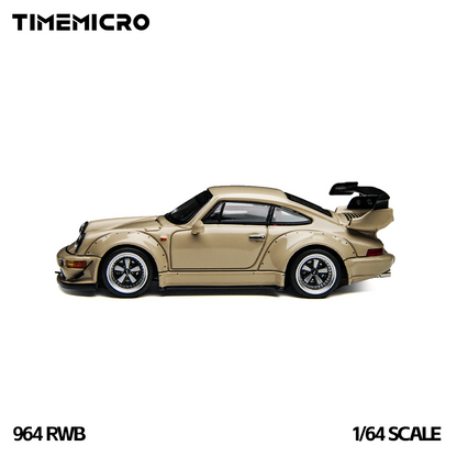 Model car of a Porsche 964 RWB on a white background with 'Timemicro' branding.