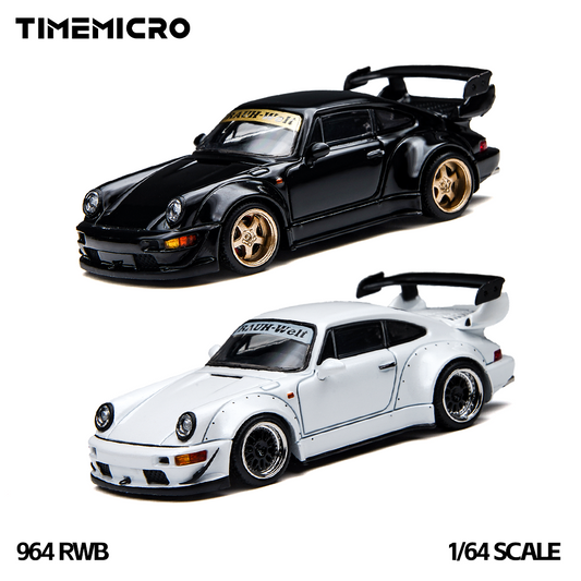 TIME MICRO 1:64 Porsche 911 964 RWB Rauh-Welt diecast model cars TM648502 and TM648503, featuring black and white versions, widebody fender flares, gold and black racing wheels, lowered stance, aggressive front splitters, and large rear wings.