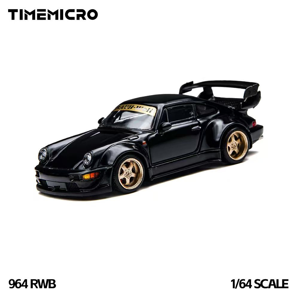 TIME MICRO 1:64 Porsche 911 964 RWB Rauh-Welt Black diecast model TM648503, front three-quarter view featuring glossy black paint, gold five-spoke wheels, widebody fender flares, lowered stance, front splitter, and large rear wing.