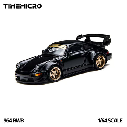 TIME MICRO 1:64 Porsche 911 964 RWB Rauh-Welt Black diecast model TM648503, front three-quarter view featuring glossy black paint, gold five-spoke wheels, widebody fender flares, lowered stance, front splitter, and large rear wing.
