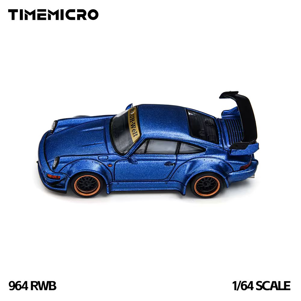 A blue metallic die-cast model car with an open rear trunk, shown on a plain white background. The brand name TIMEMICRO appears at the top left, and the text '964 RWB' and '1/64 SCALE' appear at the bottom.