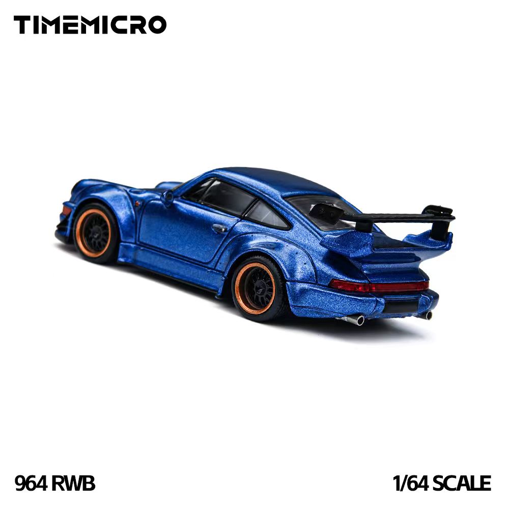 A blue metallic die-cast model car, identified as a 1/64 scale RWD Porsche 911 by Timemicro, shown on a white background with brand and model text overlays.