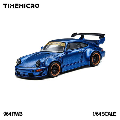 A blue metallic 1/64 scale model of a 1974 RWB Porsche by Timemicro, shown on a plain white background with brand and model text overlays.