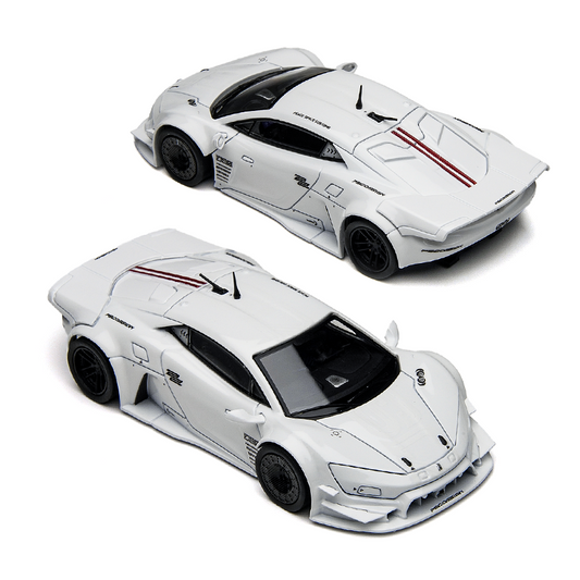 Two white sports car models shown from different angles on a plain background, featuring sleek aerodynamic designs, black accents, and a bold, modern look.