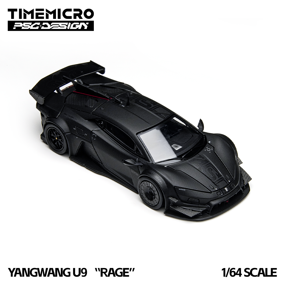 Sleek black 1/64 scale model of a Yangwang U9 "Rage" supercar with aggressive aerodynamic design on a white background. Text reads "TIMEMICRO PSG DESIGN."