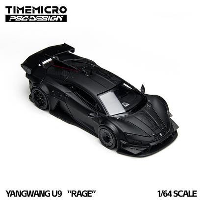 Sleek black 1/64 scale model of a Yangwang U9 "Rage" supercar with aggressive aerodynamic design on a white background. Text reads "TIMEMICRO PSG DESIGN."