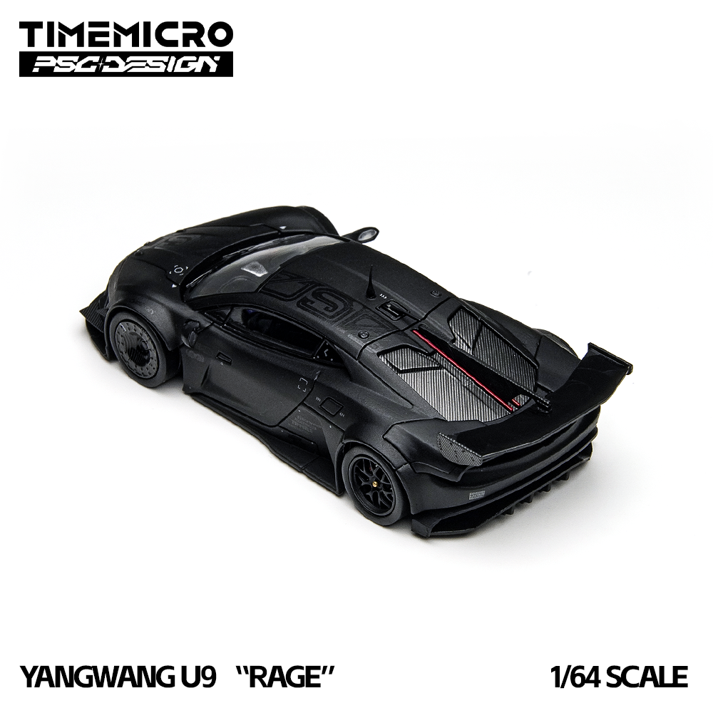 A sleek, black 1/64 scale model car, the Yangwang U9 "Rage," features aerodynamic curves, detailed textures, and red accents, exuding a futuristic and aggressive tone.