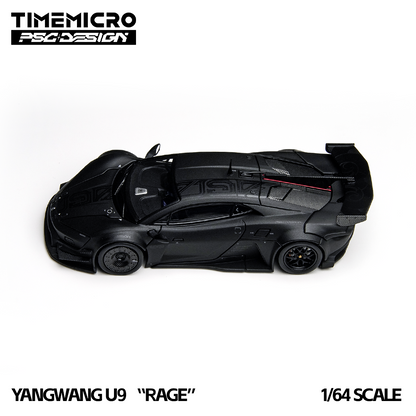 A black 1/64 scale model of the Yangwang U9 "Rage" car is displayed on a white background. The sleek design emphasizes speed and performance.