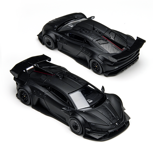 Two sleek, matte black toy sports cars are shown on a white background, featuring aerodynamic designs and prominent rear spoilers, conveying speed and elegance.