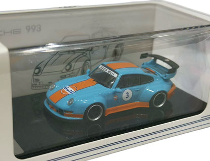 TNT Model 1:64 RWB Porsche 993 #3 Gulf Racing Livery Blue Orange Diecast Model Car featuring Widebody Kit, Gulf Decals and Rear Wing