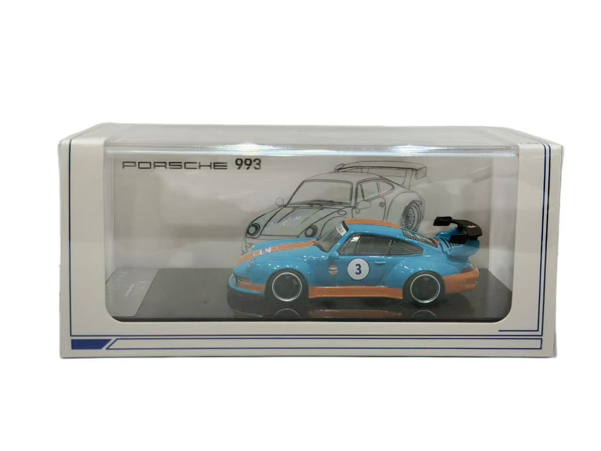 TNT Model 1:64 RWB Porsche 993 #3 Gulf Racing Livery Blue and Orange Diecast Model Car in Display Case Packaging