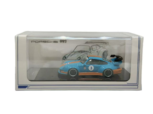 TNT Model 1:64 RWB Porsche 993 #3 Gulf Racing Livery Blue and Orange Diecast Model Car in Display Case Packaging
