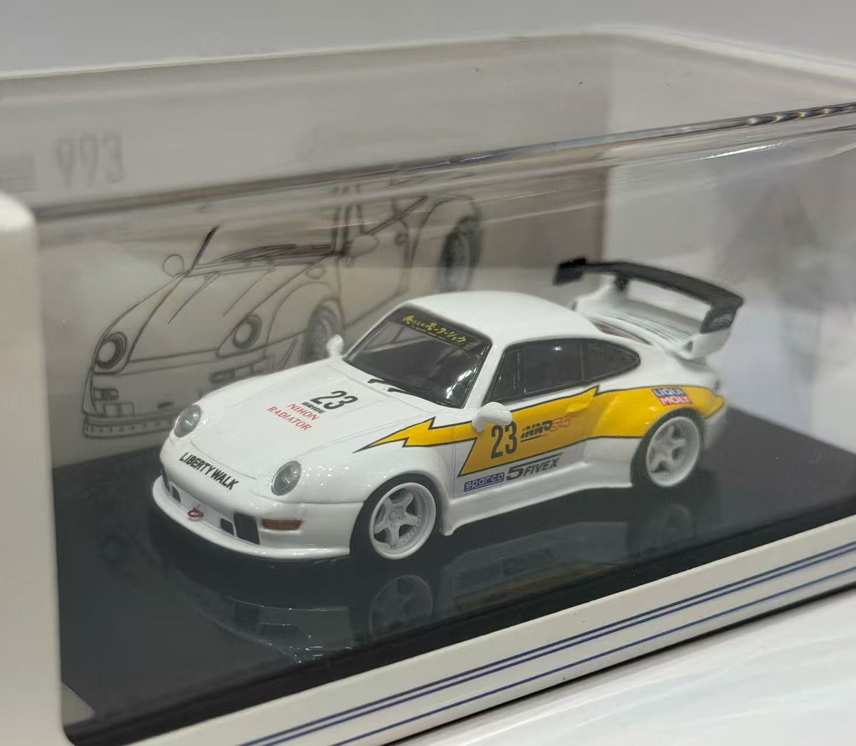 TNT Model 1:64 RWB Porsche 993 #23 White Yellow Lightning Livery Diecast Model Car with Widebody Kit and Rear Wing