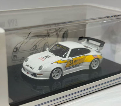 TNT Model 1:64 RWB Porsche 993 #23 White Yellow Lightning Livery Diecast Model Car with Widebody Kit and Rear Wing