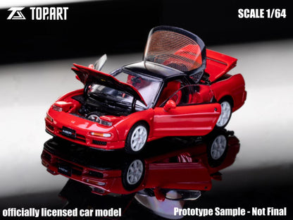 Red model car with open hood on a reflective surface, branded 'Topart' with scale 1/64.