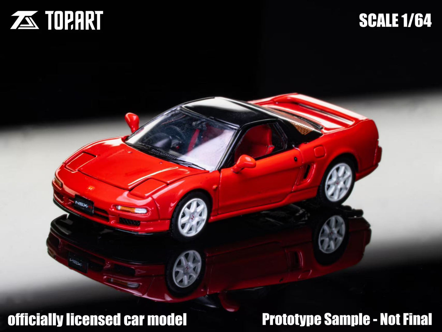 Red toy car model on a reflective surface with 'Topart' branding.