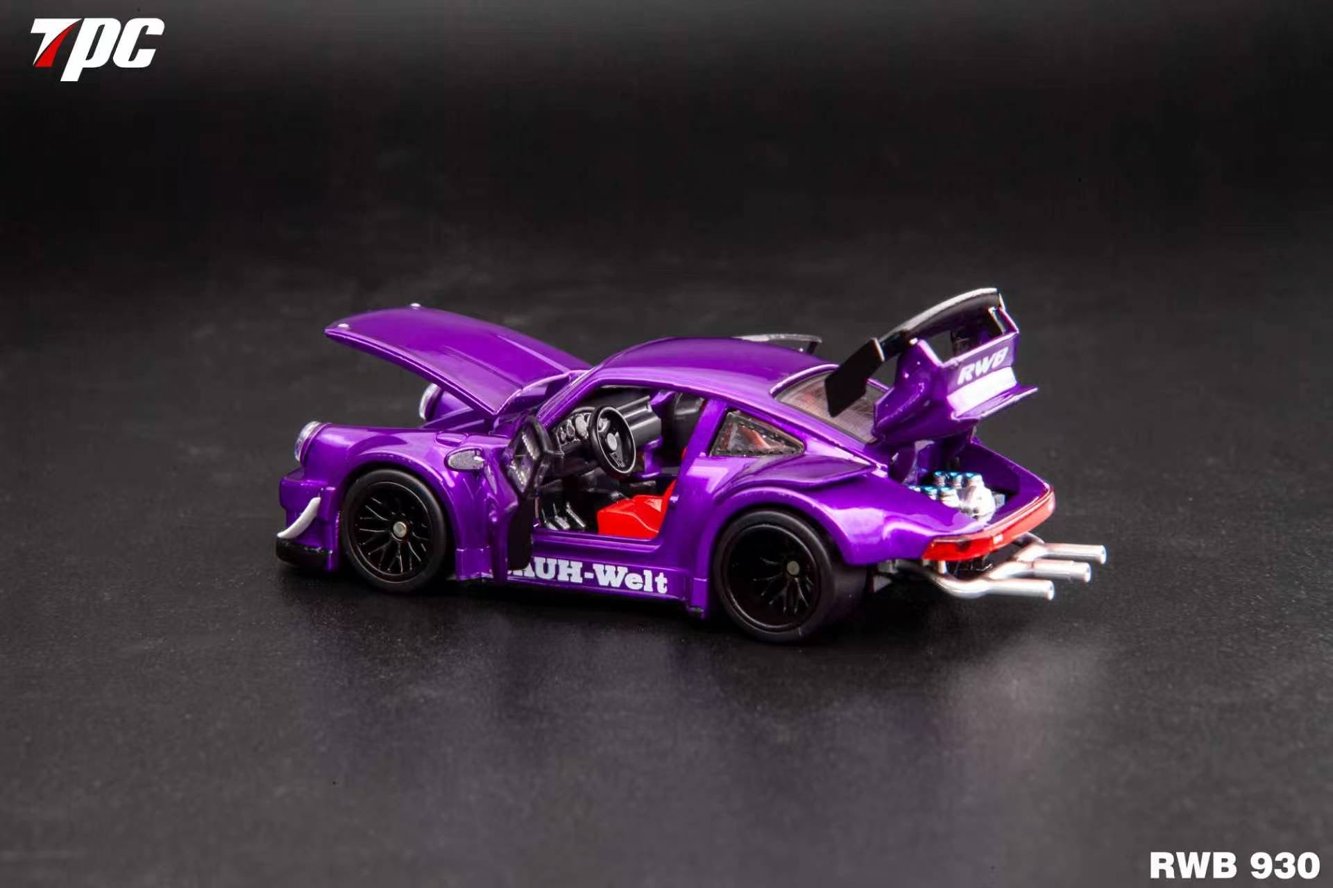 Purple model car with open doors on a dark background