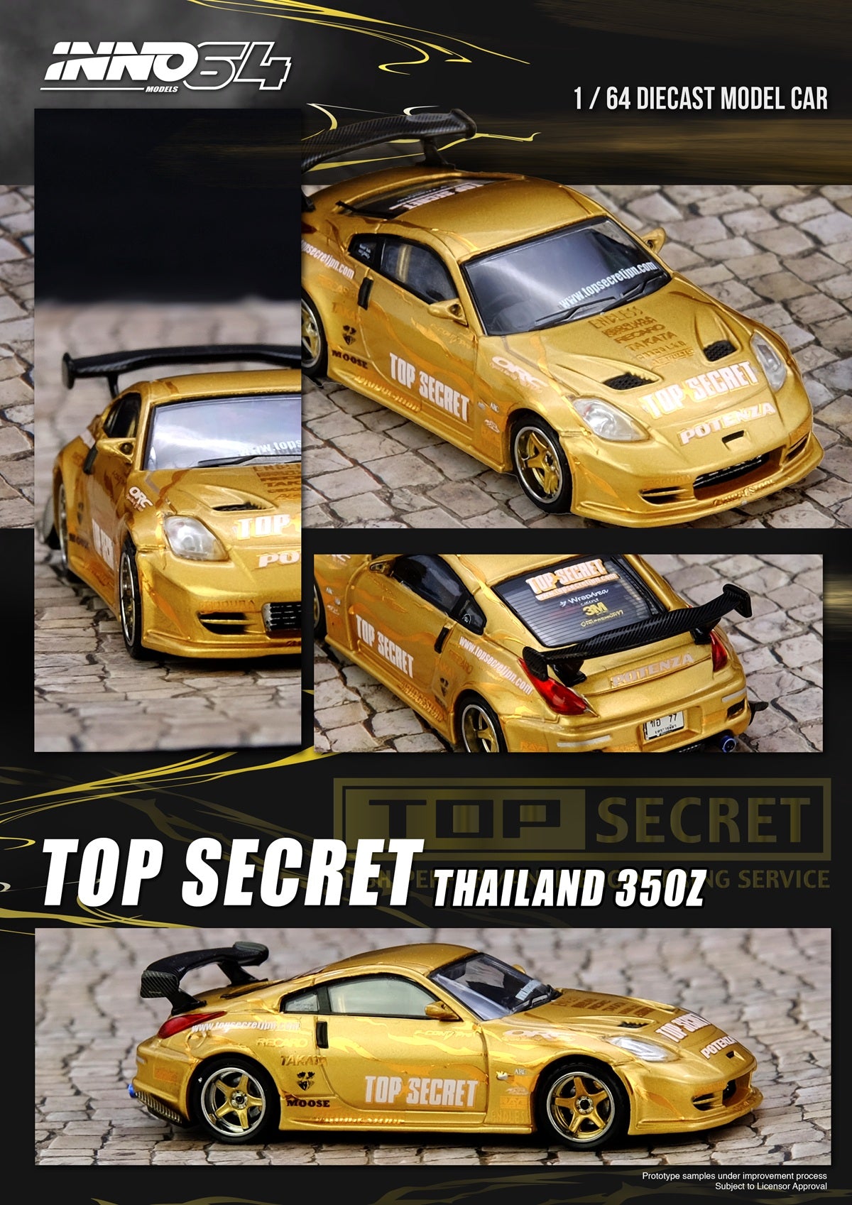 Gold 'Top Secret' model car with multiple angles on a textured surface, featuring the INNO64 branding.