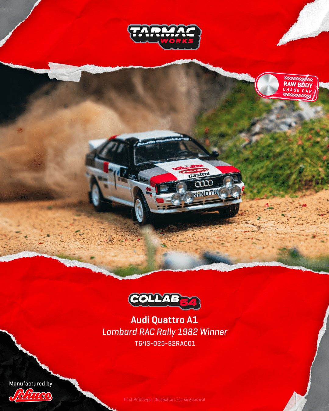 Model car of Audi Quattro A1 on a dirt road with Tarmac Works branding.