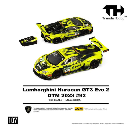 Model car of Lamborghini Huracan GT3 Evo 2 with branding and specifications on a white background