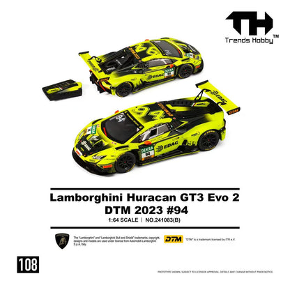 Model car of Lamborghini Huracan GT3 Evo 2 DTM 2023 #94 with packaging on a white background, featuring Trends Hobby branding.