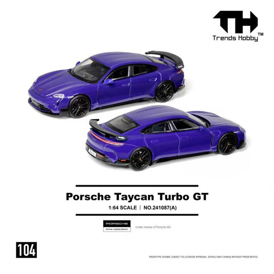 Model of a Porsche Taycan Turbo GT with 'Trends Hobby' branding on a white background
