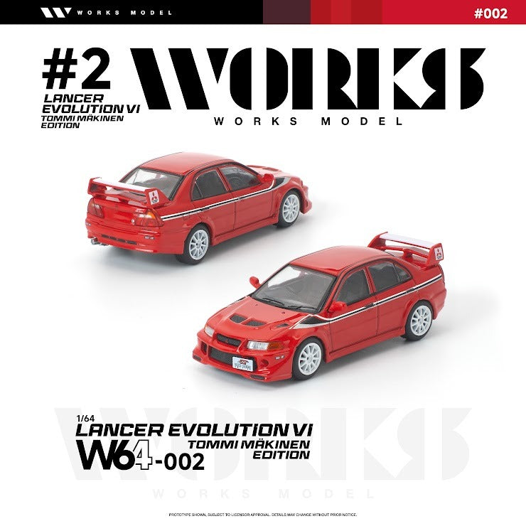 Works Model 1:64 Mitsubishi Lancer Evolution VI Tommi Mäkinen Edition in factory red with white wheels, hood vents, rally-inspired body kit, and large rear wing. Product code W64-002. Prototype diecast model shown from front and rear three-quarter views on a white background.