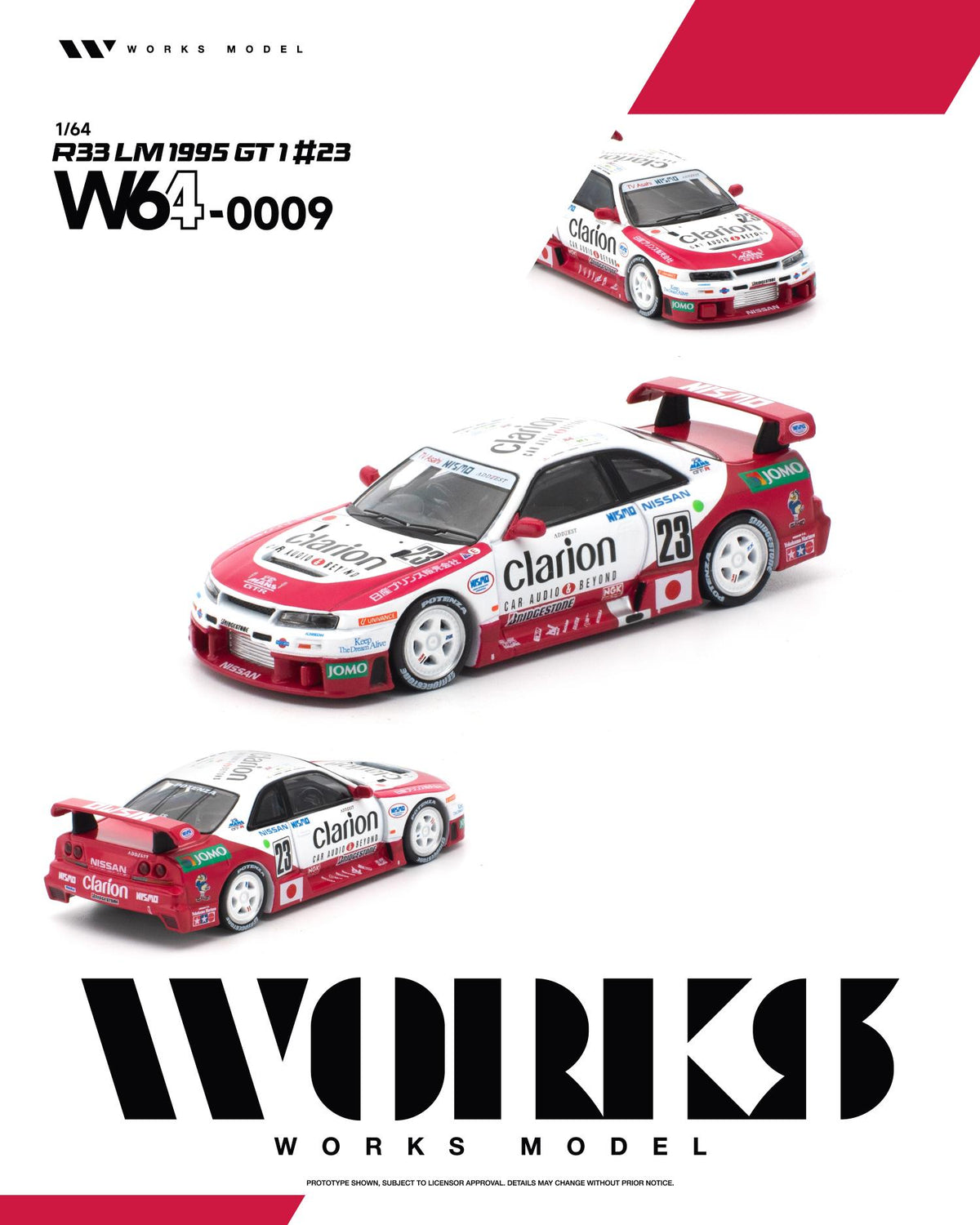 Promotional graphic for a 1/64 scale model car from Works Model, showing a red and white 1995 Mitsubishi Lancer race car with Clarion and other sponsor decals. The main car is shown in the center, with smaller angled views above and below it, on a white background with the Works Model logo at the bottom.