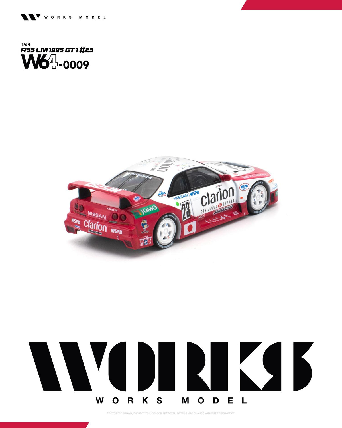 A 1:64 scale model of a 1995 Nissan GT-R Nismo race car, featuring red, white, and black livery with sponsor decals, shown on a white background with WORKS MODEL branding.