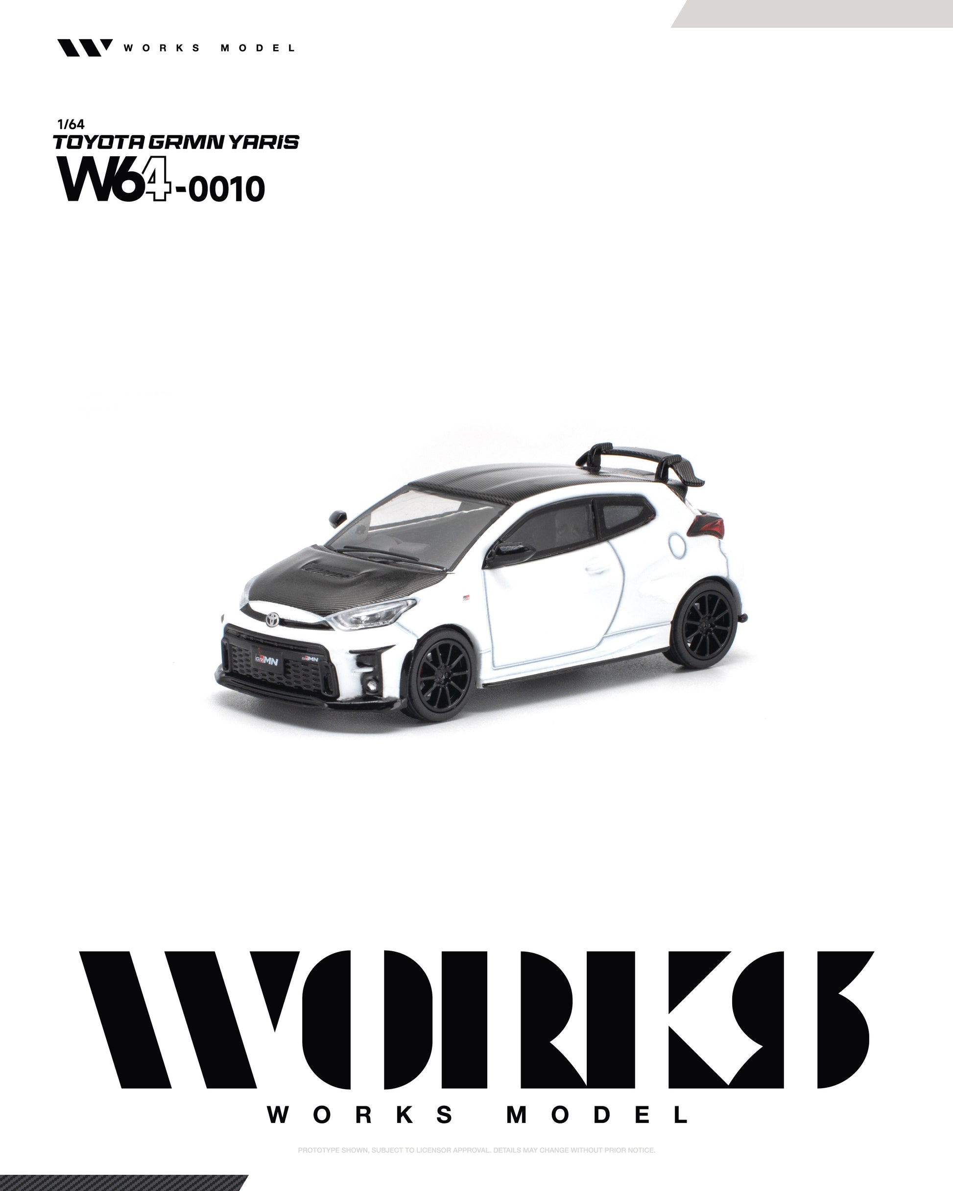 A 1/64 scale model of a Toyota Gamin Yaris W640010 by Works Model, shown as a white and black car with a carbon fiber hood and roof, on a white background with brand logos.