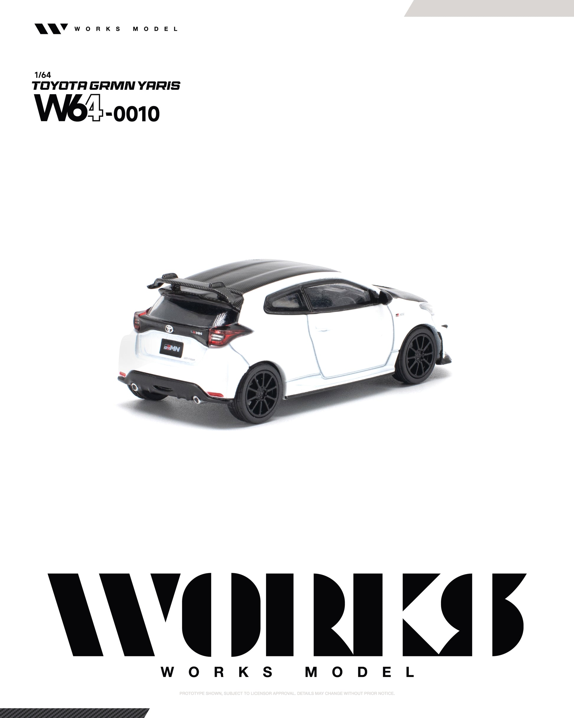 A white and black die-cast model car, a Toyota Gamin Yaris W640010, shown on a clean white background with 'WORKS MODEL' branding at the top and bottom.