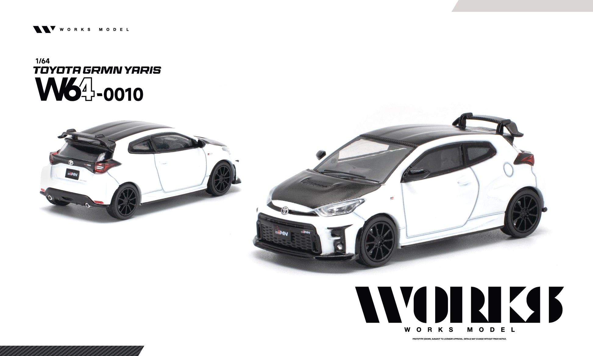 A 1/64 scale diecast model car of a white and black Toyota Gamin Yaris W640010, shown from both front-three-quarter and rear-three-quarter angles on a clean white background with WORKS MODEL branding.