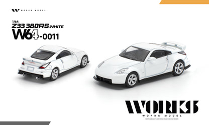 Two white 1:64 scale model cars from WORKS MODEL, specifically the Z33 380RS W64 (code 0011), shown from rear three-quarter and front three-quarter angles on a white background with brand text overlays.