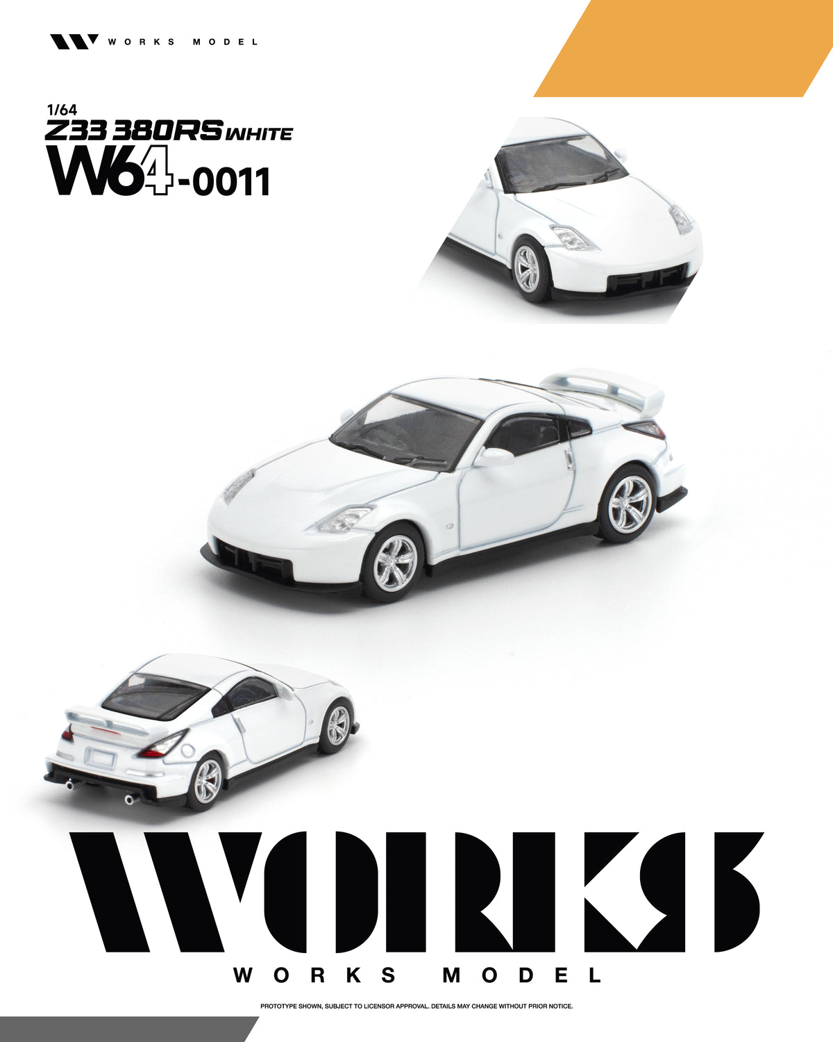 White 1/64 scale model car of a Nissan 380R, shown from three angles on a white background with 'WORKS MODEL' branding.
