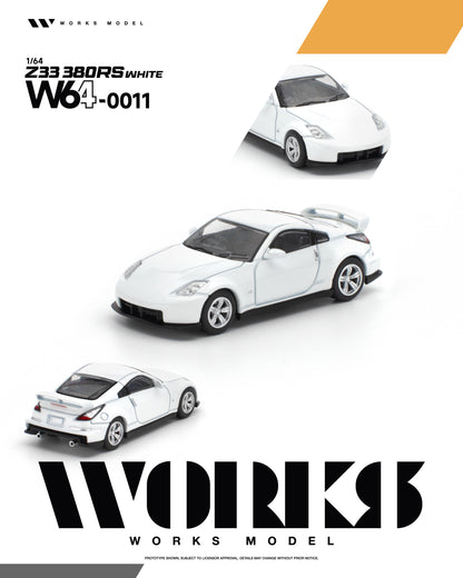 White 1/64 scale model car of a Nissan 380R, shown from three angles on a white background with 'WORKS MODEL' branding.