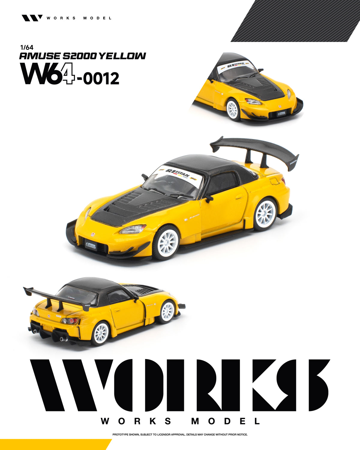 A 1/64 scale model toy car from Works Model, specifically the Amuse S2000 Yellow W64-0012. The image shows three different angles of the yellow and black Honda S2000 model car on a clean white background with the Works Model branding at the bottom.