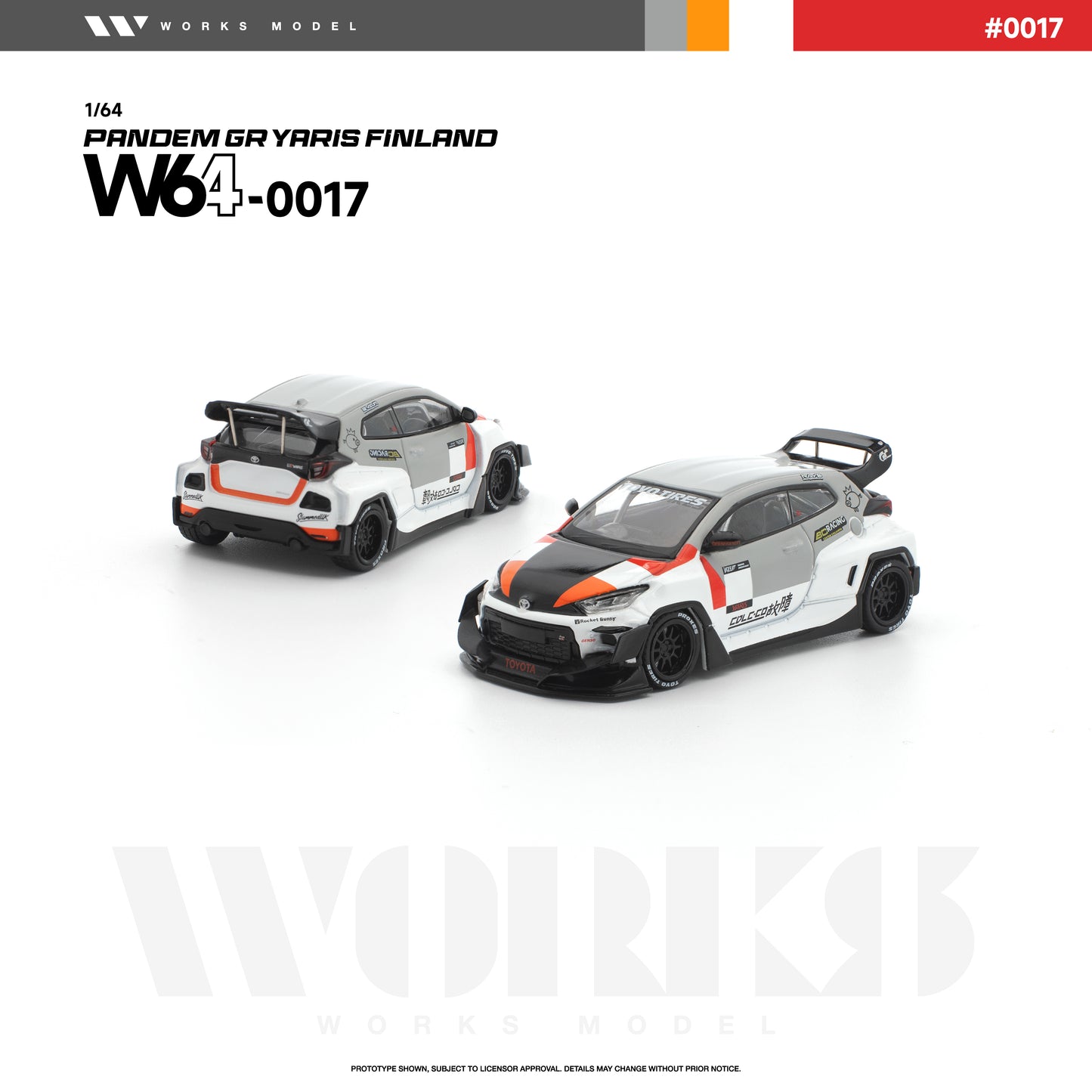 Works Model 1:64 Pandem GR Yaris Finland in white, gray, black, and orange livery with Rocket Bunny widebody kit, black wheels, oversized rear wing, and aggressive aero styling. Product code W64-0017. Prototype diecast model shown from front and rear angles.