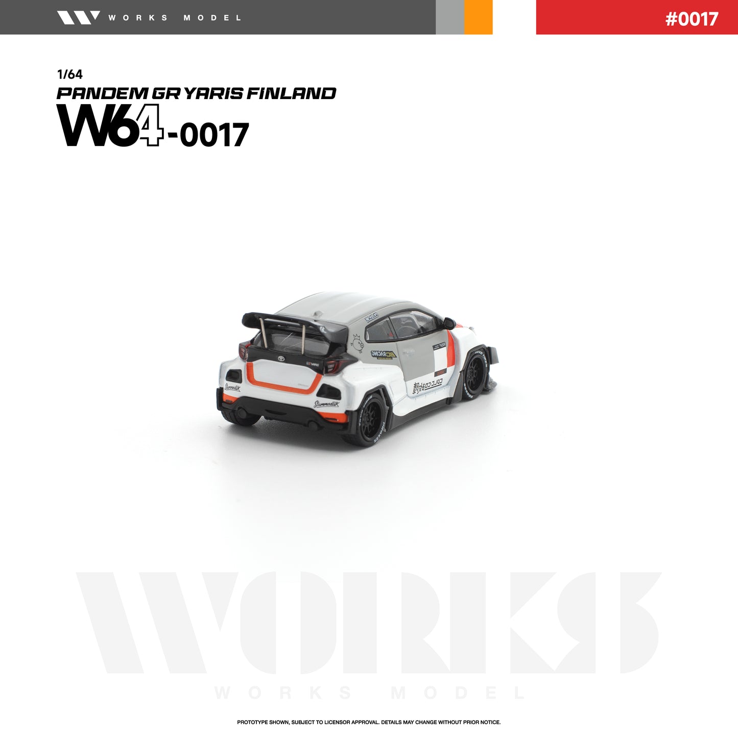 Rear three-quarter view of the Works Model 1:64 Pandem GR Yaris Finland in white, gray, black, and orange livery with Rocket Bunny widebody kit, black wheels, oversized rear wing, rear diffuser, and aggressive aero styling. Product code W64-0017.