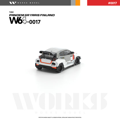 Rear three-quarter view of the Works Model 1:64 Pandem GR Yaris Finland in white, gray, black, and orange livery with Rocket Bunny widebody kit, black wheels, oversized rear wing, rear diffuser, and aggressive aero styling. Product code W64-0017.