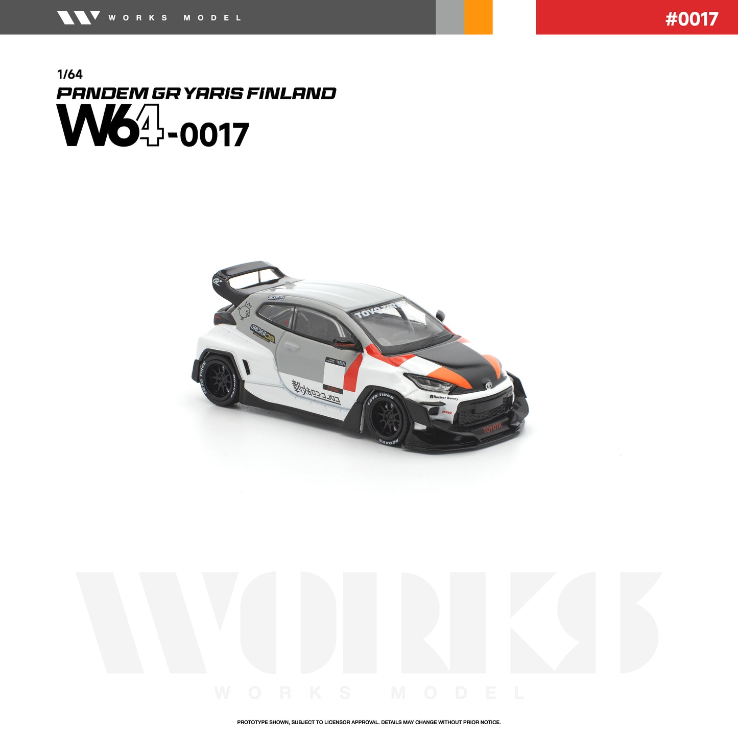 Front three-quarter view of the Works Model 1:64 Pandem GR Yaris Finland in white, gray, black, and orange livery with Rocket Bunny widebody kit, black wheels, oversized rear wing, aggressive front splitter, and aerodynamic styling. Product code W64-0017.