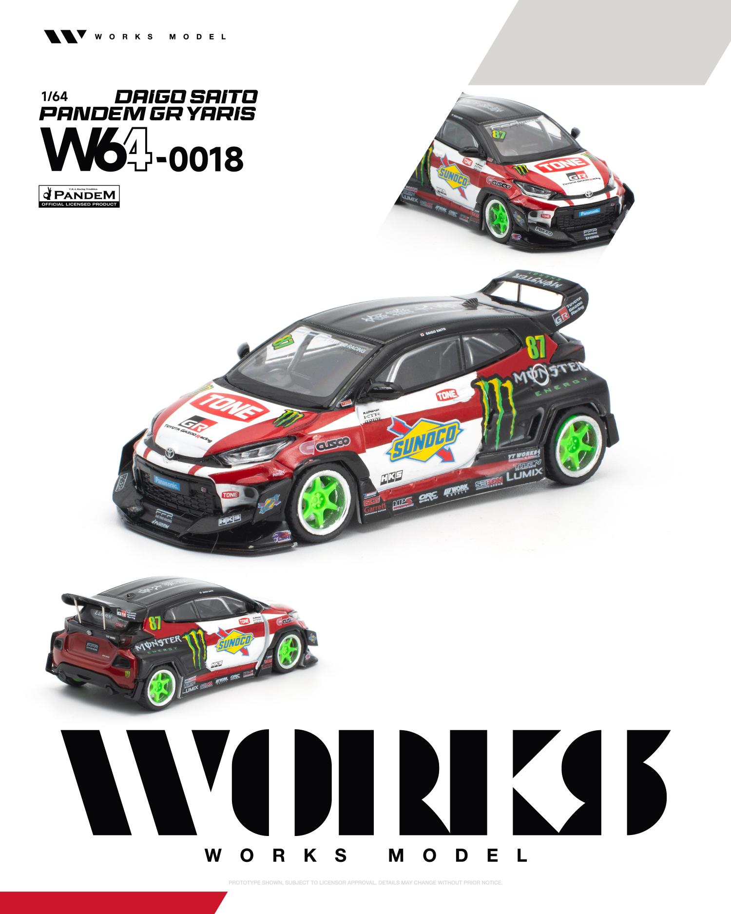 Works Model 1:64 Pandem GR Yaris by Daigo Saito in Monster Energy, Sunoco, and TONE racing livery with bright green wheels, widebody kit, and large rear wing. Product code W64-0018. Prototype diecast model shown from multiple angles.