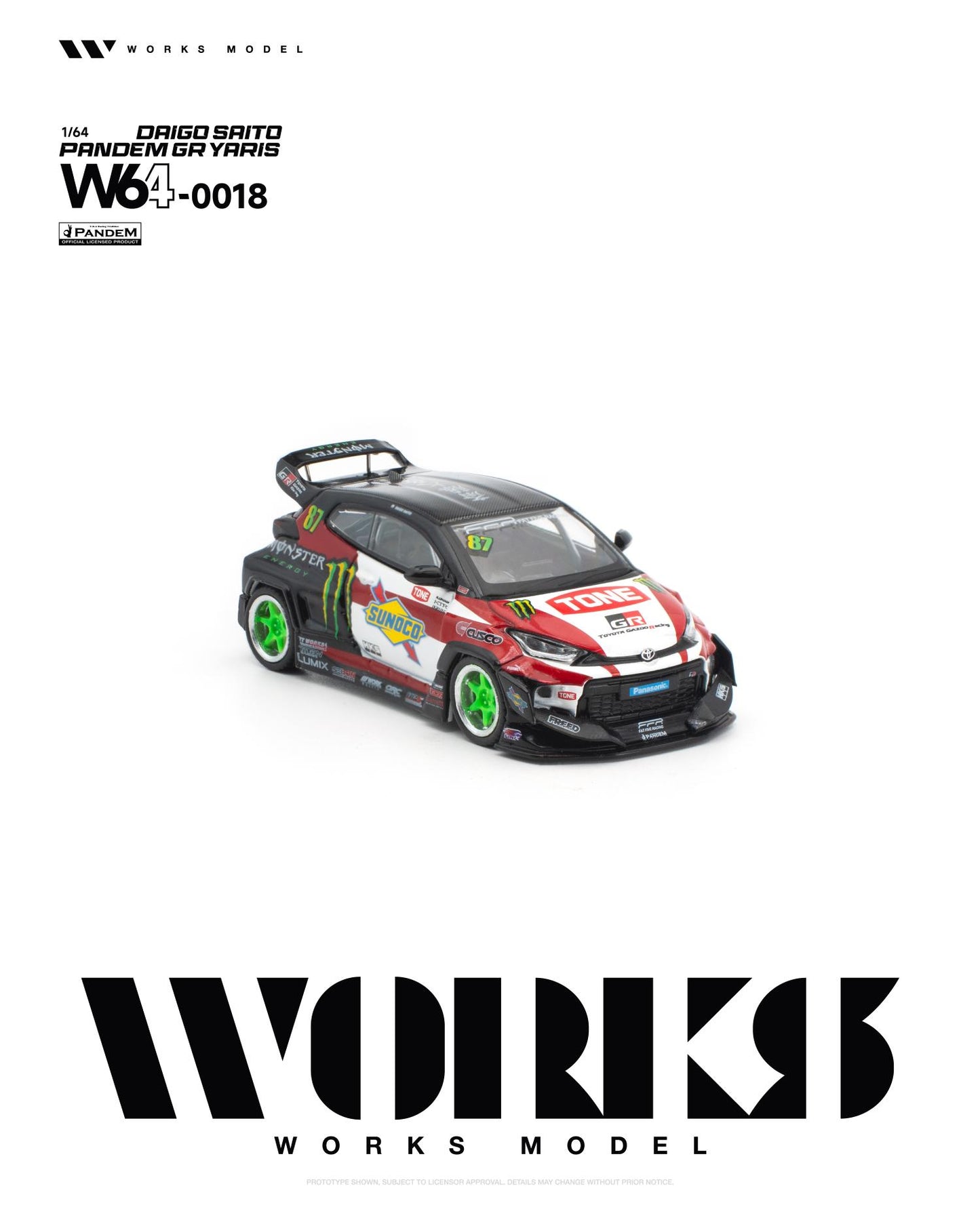 Front three-quarter view of the Works Model 1:64 Pandem GR Yaris by Daigo Saito in Monster Energy, Sunoco, and TONE racing livery with bright green wheels, widebody kit, aggressive front splitter, and large rear wing. Product code W64-0018.