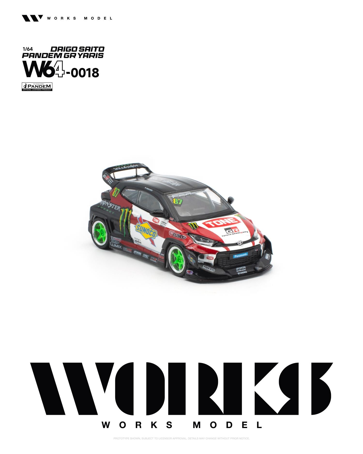 Front three-quarter view of the Works Model 1:64 Pandem GR Yaris by Daigo Saito in Monster Energy, Sunoco, and TONE racing livery with bright green wheels, widebody kit, aggressive front splitter, and large rear wing. Product code W64-0018.