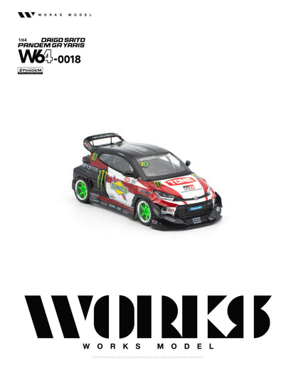 Front three-quarter view of the Works Model 1:64 Pandem GR Yaris by Daigo Saito in Monster Energy, Sunoco, and TONE racing livery with bright green wheels, widebody kit, aggressive front splitter, and large rear wing. Product code W64-0018.