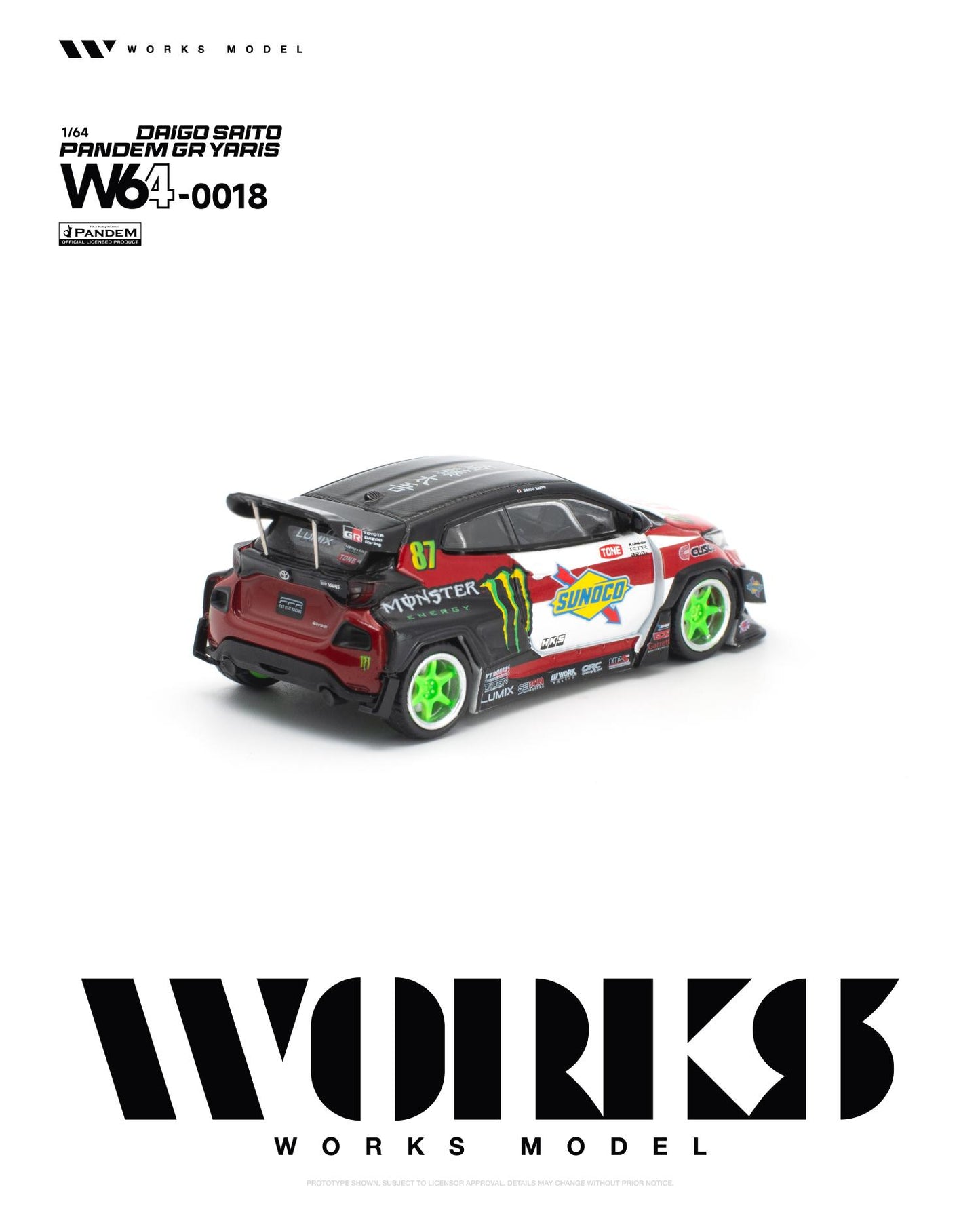 Rear three-quarter view of the Works Model 1:64 Pandem GR Yaris by Daigo Saito in Monster Energy, Sunoco, and TONE racing livery with bright green wheels, widebody kit, rear diffuser, and large GT wing. Product code W64-0018.