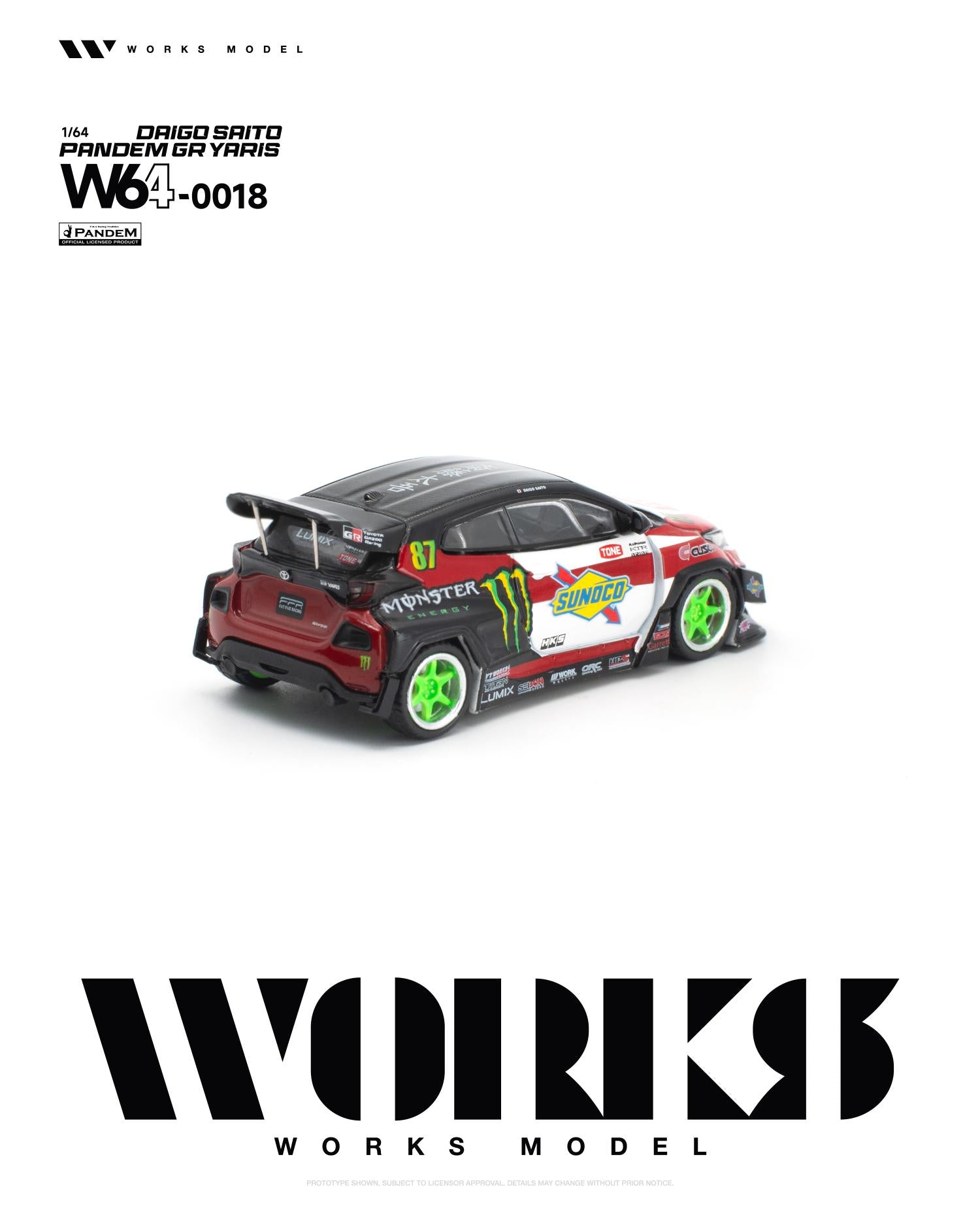 Rear three-quarter view of the Works Model 1:64 Pandem GR Yaris by Daigo Saito in Monster Energy, Sunoco, and TONE racing livery with bright green wheels, widebody kit, rear diffuser, and large GT wing. Product code W64-0018.