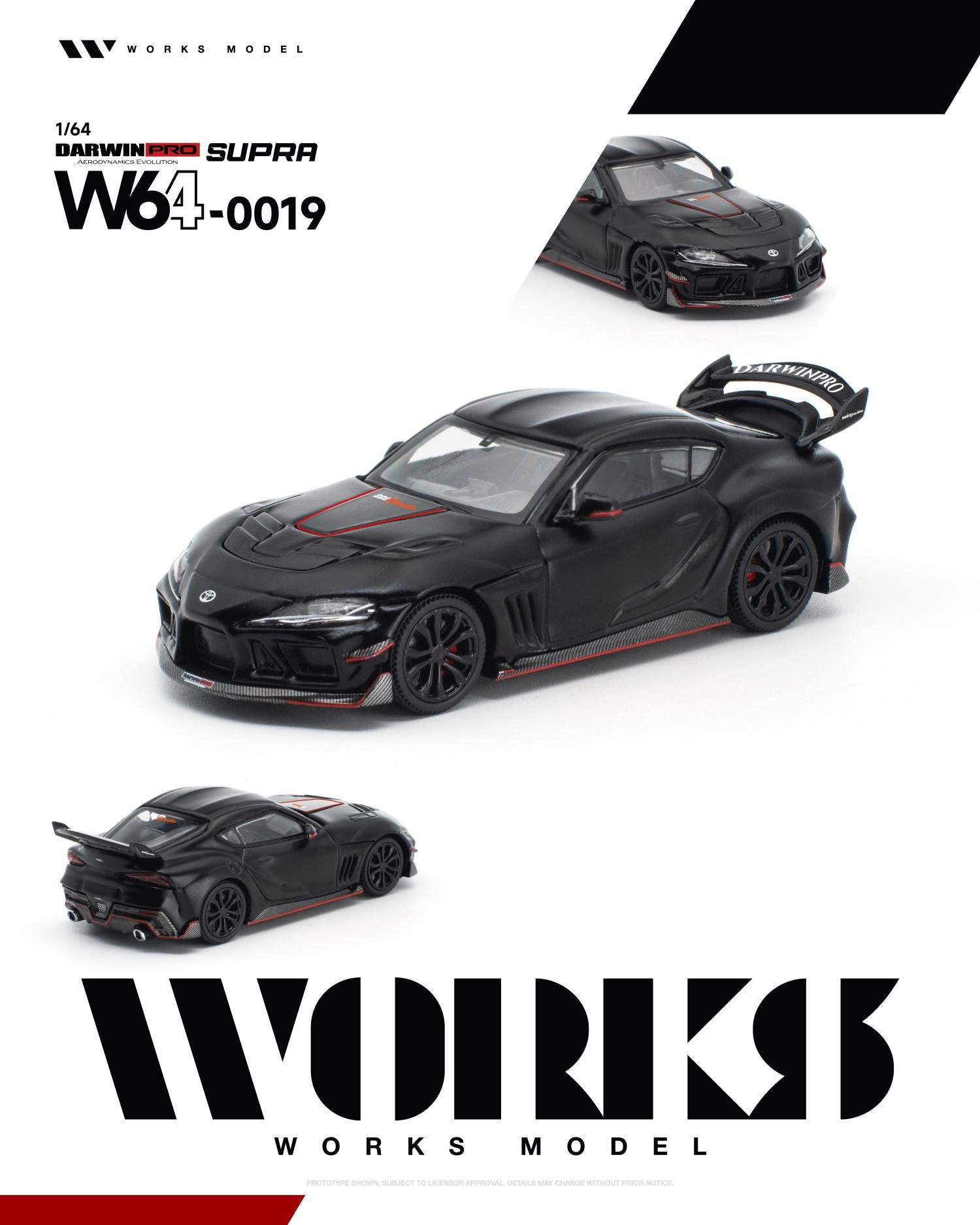 Works Model 1:64 Toyota GR Supra DarwinPRO Aerodynamics Evolution in matte black with red accents, oversized rear wing, carbon-style aero kit, and black wheels. Product code W64-0019. Prototype diecast model shown from multiple angles.
