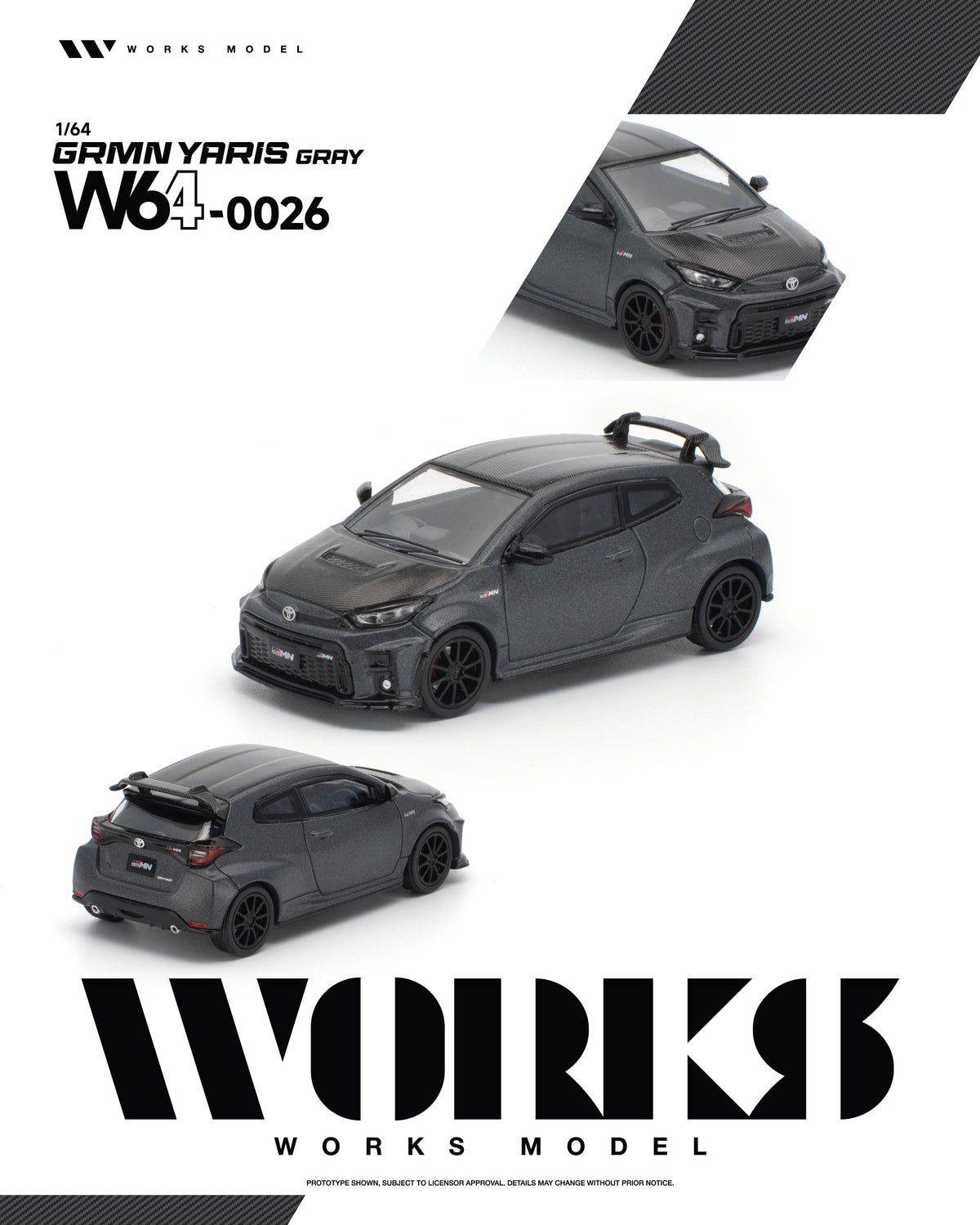 Works Model 1:64 Toyota GRMN Yaris Gray W64-0026 diecast model car with carbon fiber hood and roof, black wheels and rear spoiler