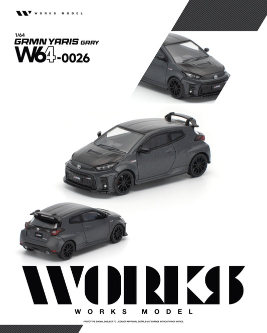 Works Model 1:64 Toyota GRMN Yaris Gray W64-0026 diecast model car with carbon fiber hood and roof, black wheels and rear spoiler