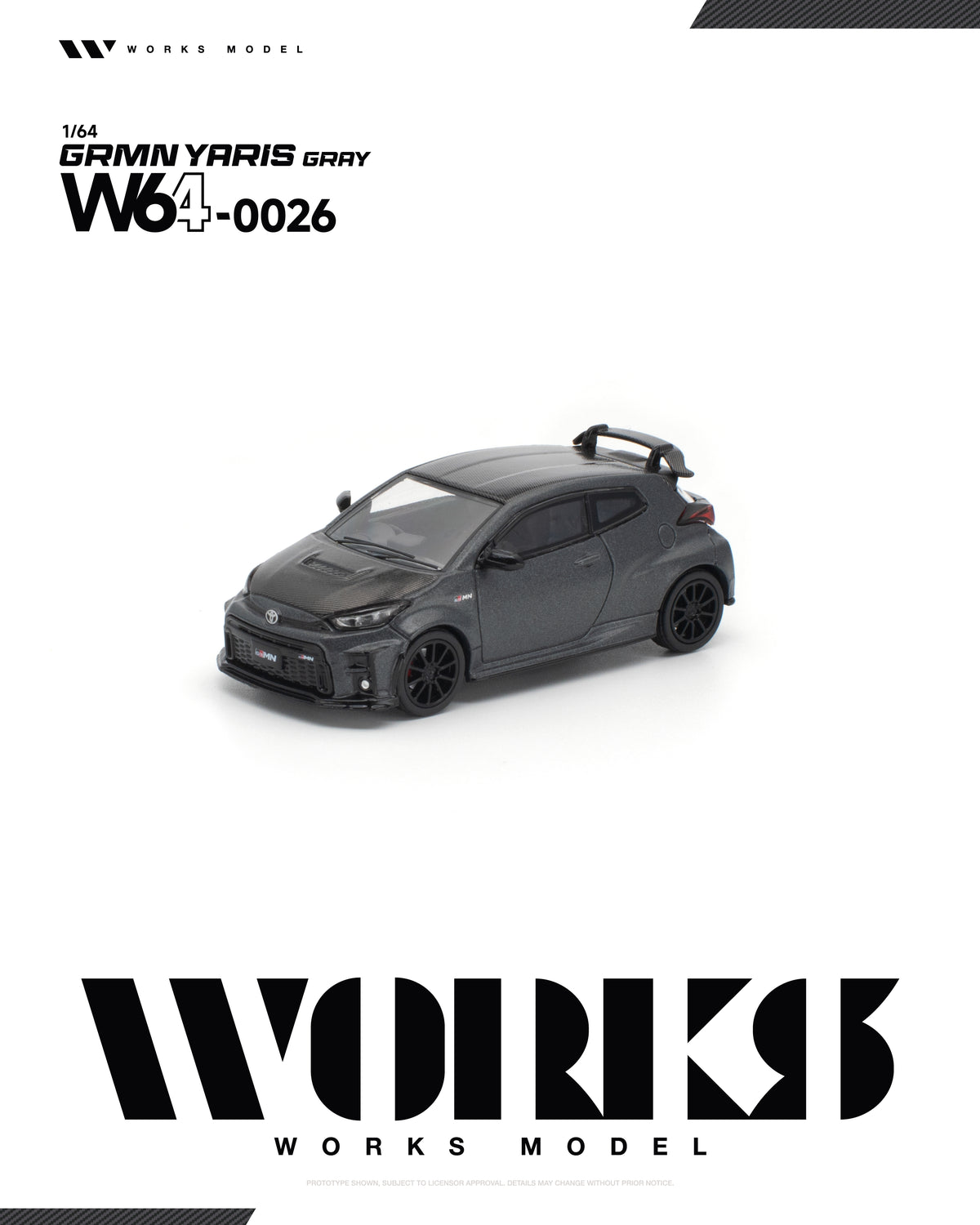 Works Model 1:64 Toyota GRMN Yaris Gray W64-0026 diecast model car with carbon fiber hood and roof, black wheels and rear wing